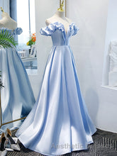 Blue A Line Off Shoulder Long Evening Prom Dresses, Blue Evening Prom Dresses